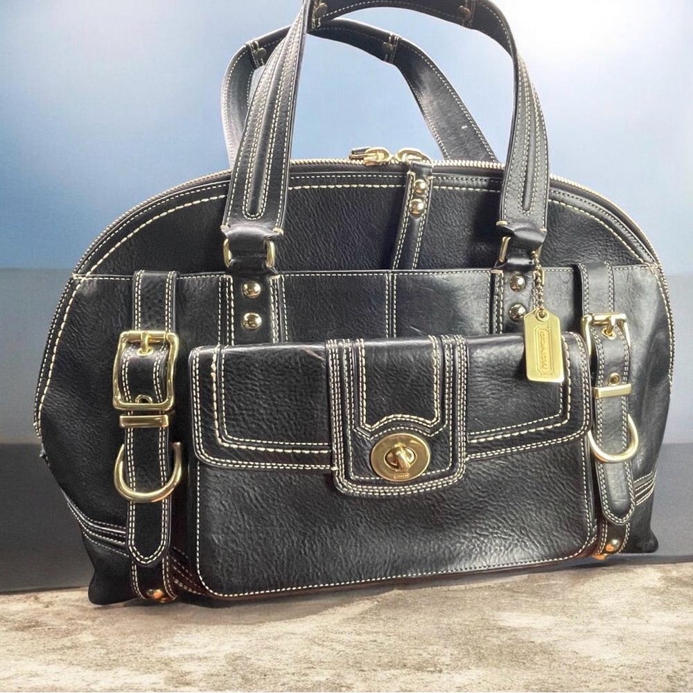 Coach Hampton-Black Leather Satchel Handbag with Gold Hardware